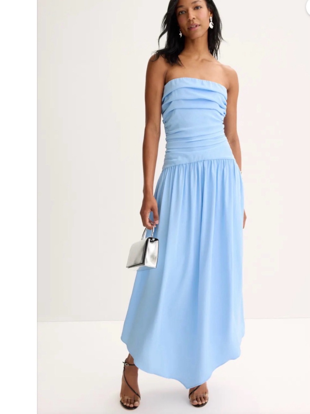 Jewel Badgley Mischka Strapless Light Blue Ruched Maxi Dress